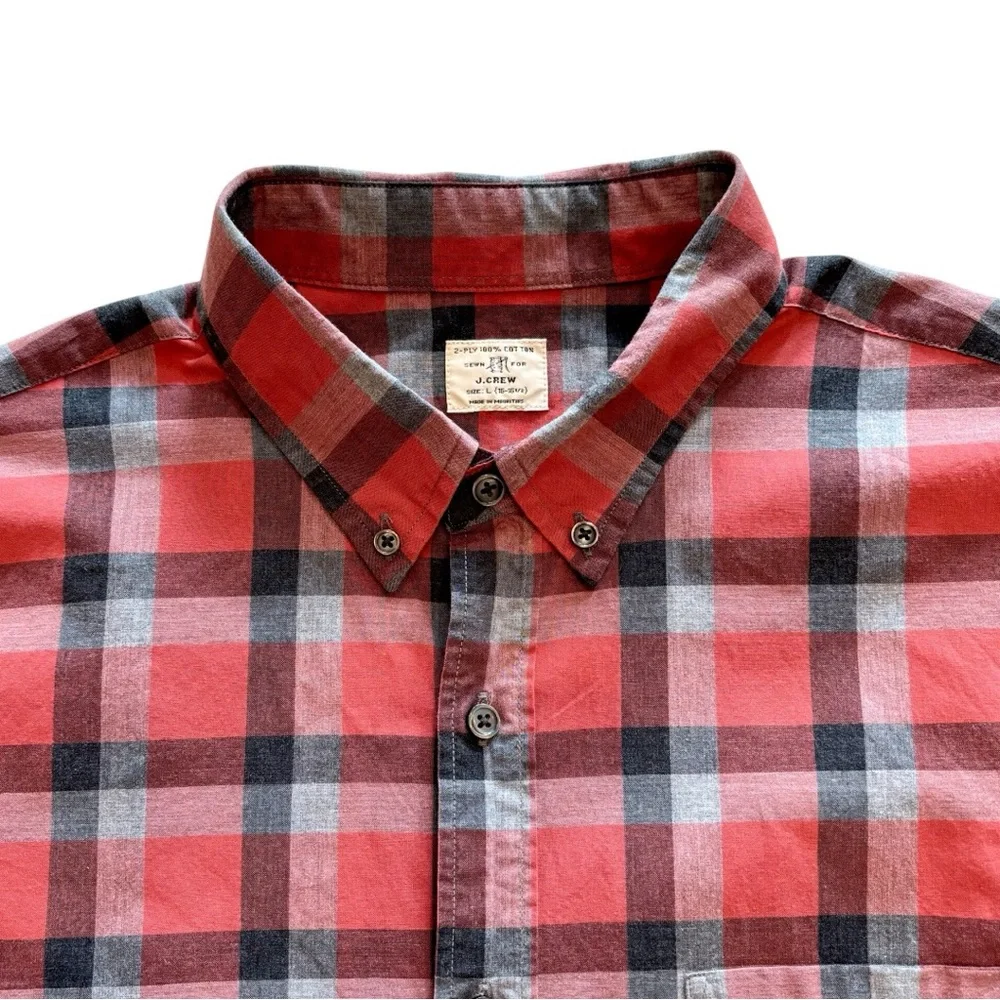 J.Crew 2-Ply Cotton Button Down Shirt Red Gray Black Check Plaid Long Sleeve L